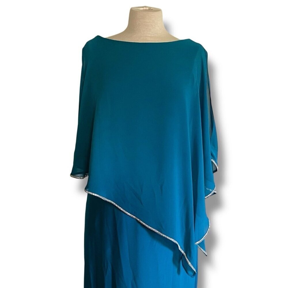 Joseph Ribkoff Womens Dress Sz 14 Peacock Blue Caped Rhinestone Trim Stretch - Picture 3 of 10